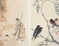 李凤公 人物花鸟 镜心（二开）